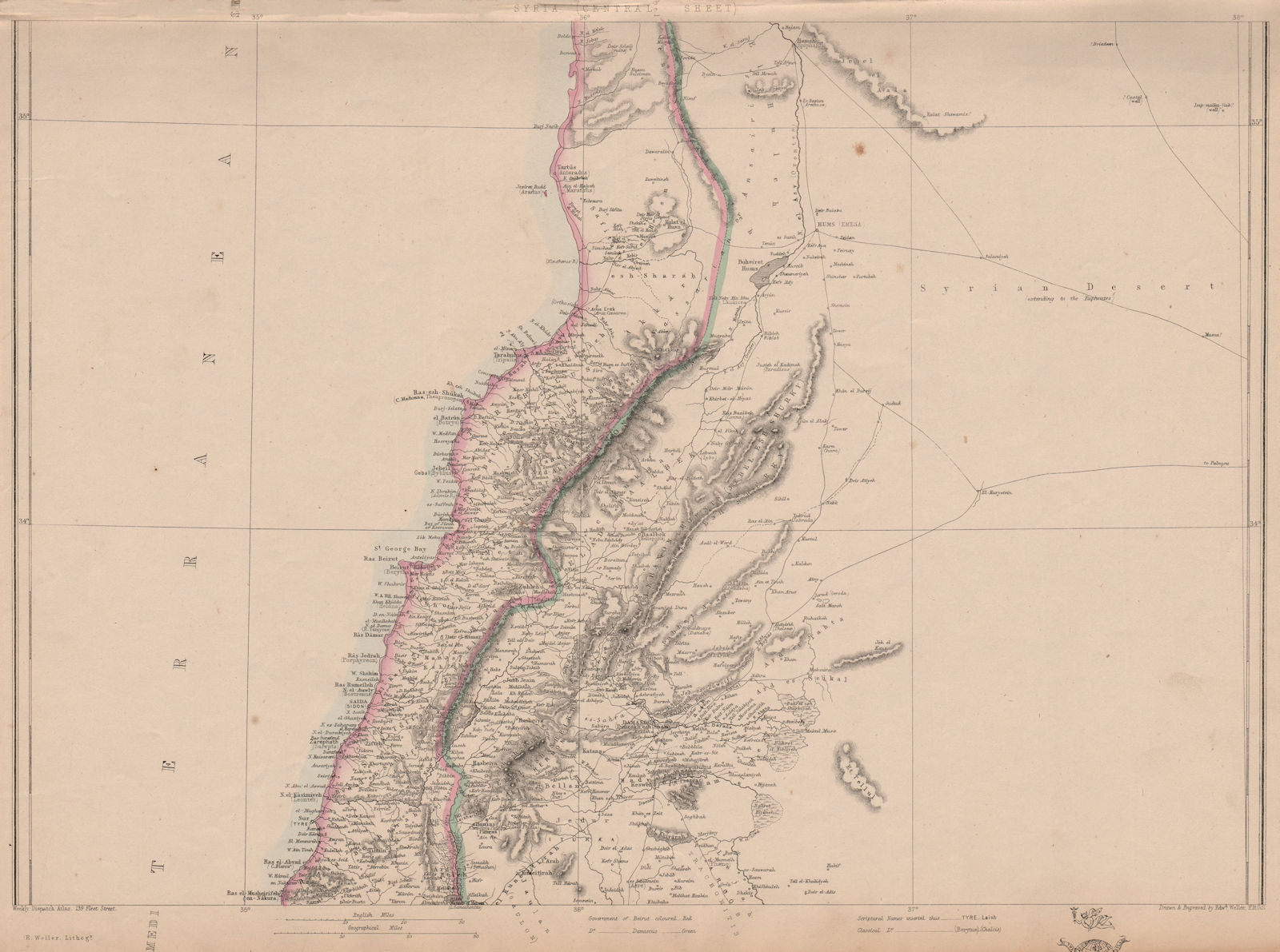 BEIRUT & DAMASCUS PROVINCES Syria Lebanon Tripoli Homs.WELLER Dispatch 1862 map